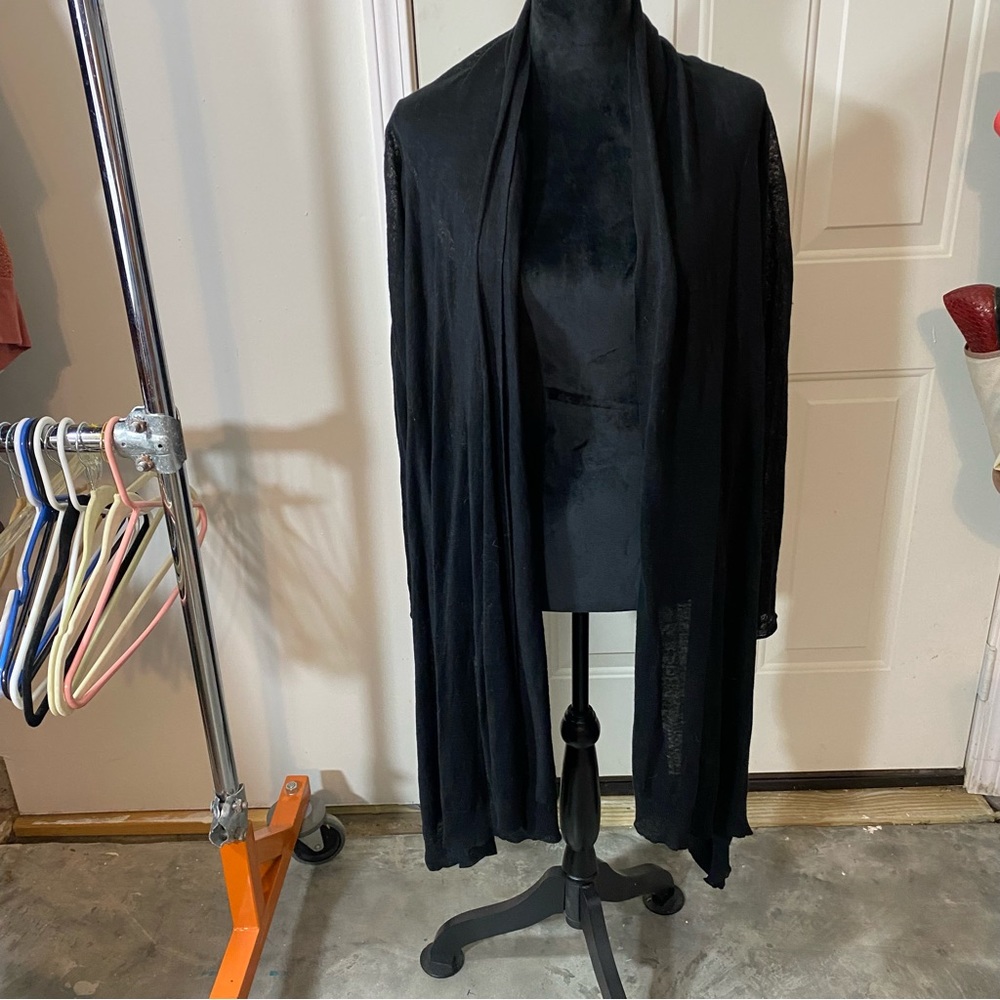 DKNY Asymmetrical Linen Cardigan Sweater Black Long Sleeve Sheer Open Cardigan